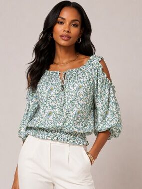 Max Studio Ruffled Green and White  Floral 3/4 Sleeve Blouse size S